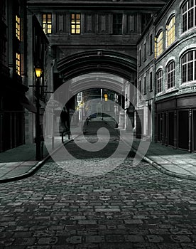 Street at Night with 19th Century City Buildings photo