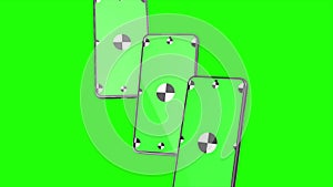 3D render of three smartphone with a green background. Rotating in screen. With a green screen for easy keying. Computer