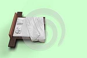 3d render top side angle view of white bed with white pillow cover and white bed sheet and blanket for mockup with a pastel green