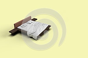 3d render top side angle view of white bed with white pillow cover and white bed sheet and blanket for mockup with a