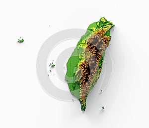 3D render of a topographic Taiwan map with hypsometric elevation on a white background