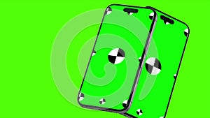 3D render of two smartphone with a green background. Rotating in screen. With a green screen for easy keying. Computer generated