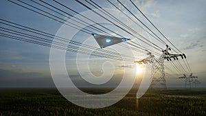 3d render. UFO over the field and high-voltage power lines