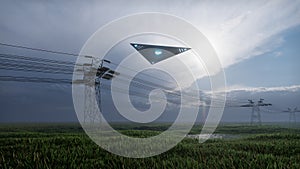 3d render. UFO over the field and high-voltage power lines