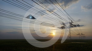 3d render. UFO over the field and high-voltage power lines