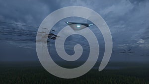 3d render. UFO over the field and high-voltage power lines