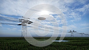 3d render. UFO over the field and high-voltage power lines