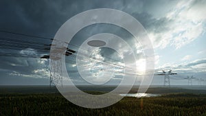 3d render. UFO over the field and high-voltage power lines