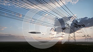 3d render. UFO over the field and high-voltage power lines