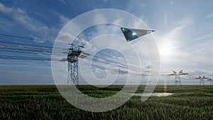 3d render. UFO over the field and high-voltage power lines