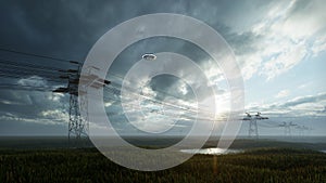 3d render. UFO over the field and high-voltage power lines
