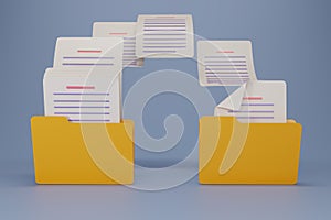 3D render Uploading documents from folder to folder. Open File folder with flying blank documents. Data transfer backup, File