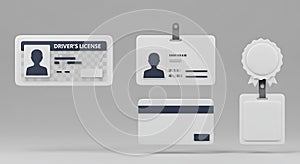 3D render of various identification and certification items. Includes a driver's