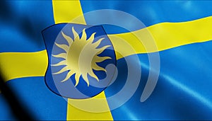 3D Render Waving Sweden City Flag of Skovde Closeup View photo