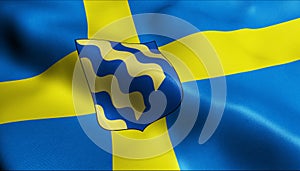 3D Render Waving Sweden province Flag of Narke Closeup View