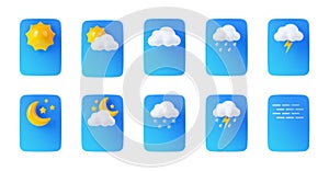 3D render weather app icons, interface elements