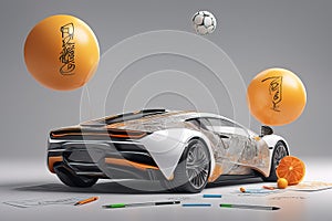 3 d render of a white car with a soccer ball3 d render of a white car with a soccer ball3 d rendering of a modern car with a ball