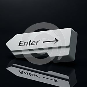 3D Render of a White Enter Key with an Arrow and Reflection on a Dark Surface keyboard computer