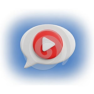 3D Render of a White Speech Bubble with a Red Play Button Icon Inside on a Blue Gradient Background