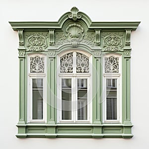 Ornate Green Window: A Bold Architectural Element On White Wall photo