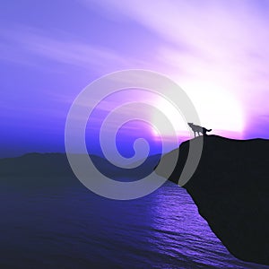 3D wolf on a cliff howling against against a sunset sky