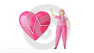 3d render, woman cardiologist wears glasses, pink uniform and stethoscope, pink heart cardiogram icon, cartoon character doctor