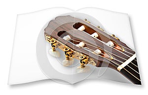 3D render of a wooden classic guitar on opened photobook isolated on white background