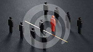 3d render, Wooden piece game black pawn pawn stands in front of the round mirror.Perceptual distortion concept. photo