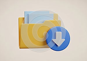 Yellow folder with blue download icon and papers