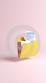 3D Render of Yellow Folder with Documents on Pink Background