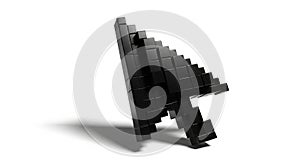 3D rendered black pixelated computer mouse cursor on a white background with shadow computer cursor