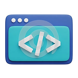 3D Rendered Blue Browser Window with Code Brackets Icon coding programming