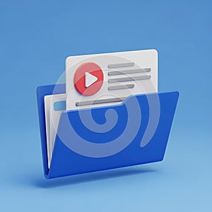 3D Blue Folder Icon with Video Play Button and Documents render