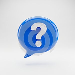 3D Blue Speech Bubble with White Question Mark Symbol on White Background icon communication
