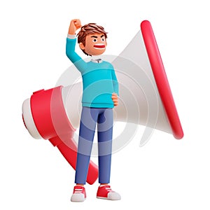 3D-rendered cartoon boy giving an oratorical speech on a white background