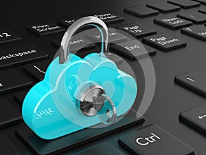 3d rendered cloud padlock on black keyboard