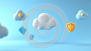 3D Rendered Clouds and Shield on Blue Background