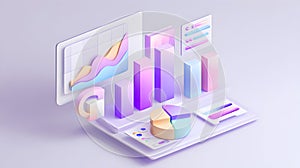 3D rendered colorful data visualization with charts and graphs showcasing trends and statistics in a modern workspace