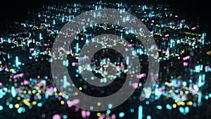 3D rendered composition with flying future city. Technology background. Place for text