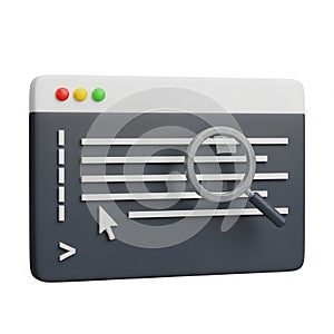 3D Rendered Computer Window with Magnifying Glass and Cursor on Dark Gray Interface