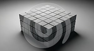A 3D-rendered cube composed of smaller cubes arranged in a 4x4x4 grid. Each