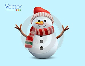 3d rendered cute smiling snowman with red cap or hat, scarf, orange nose, wooden waving hands, isolated on white