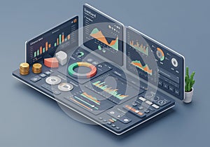 A 3D-rendered digital dashboard with multiple vibrant charts and graphs, displaying