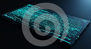 A 3D-rendered digital interface displays a rectangular screen with luminous, cyan-