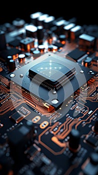 3D rendered electronic circuit board with advanced processor Close up