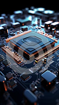 3D rendered electronic circuit board with advanced processor Close up