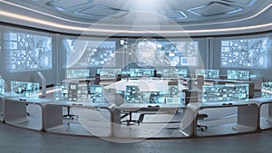 3D rendered empty, modern, futuristic command center interior photo