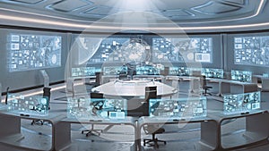 3D rendered empty, modern, futuristic command center interior