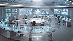 3D rendered empty, modern, futuristic command center interior photo