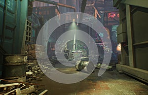 3D rendered fantasy junk yard with graffities